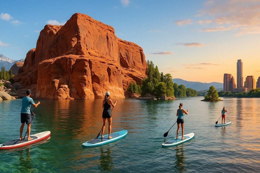 family on paddleboards on a lake