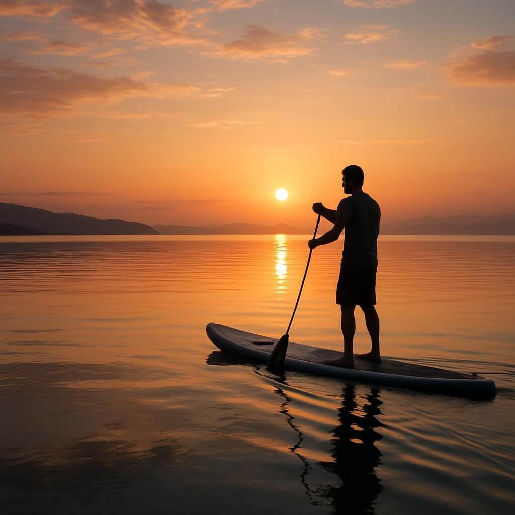 man on SUP at sunset