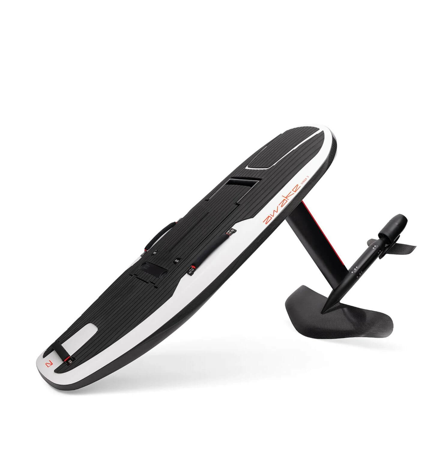 the eFoil board is standing at an angle resting on the foil the wing-like part underneath with a plain white background