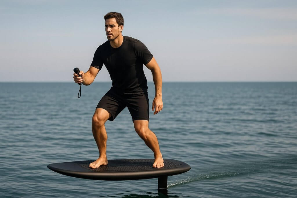 man riding an efoil board on the ocean