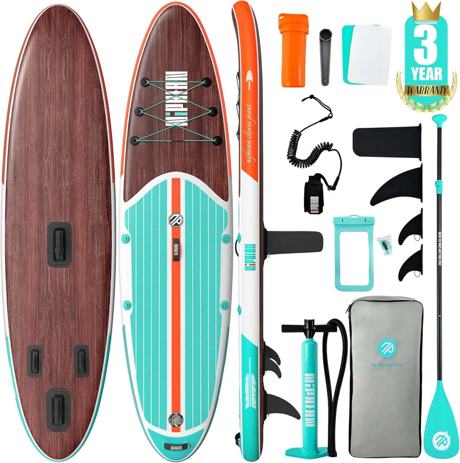 top, bottom, side view of paddleboard with accessories 